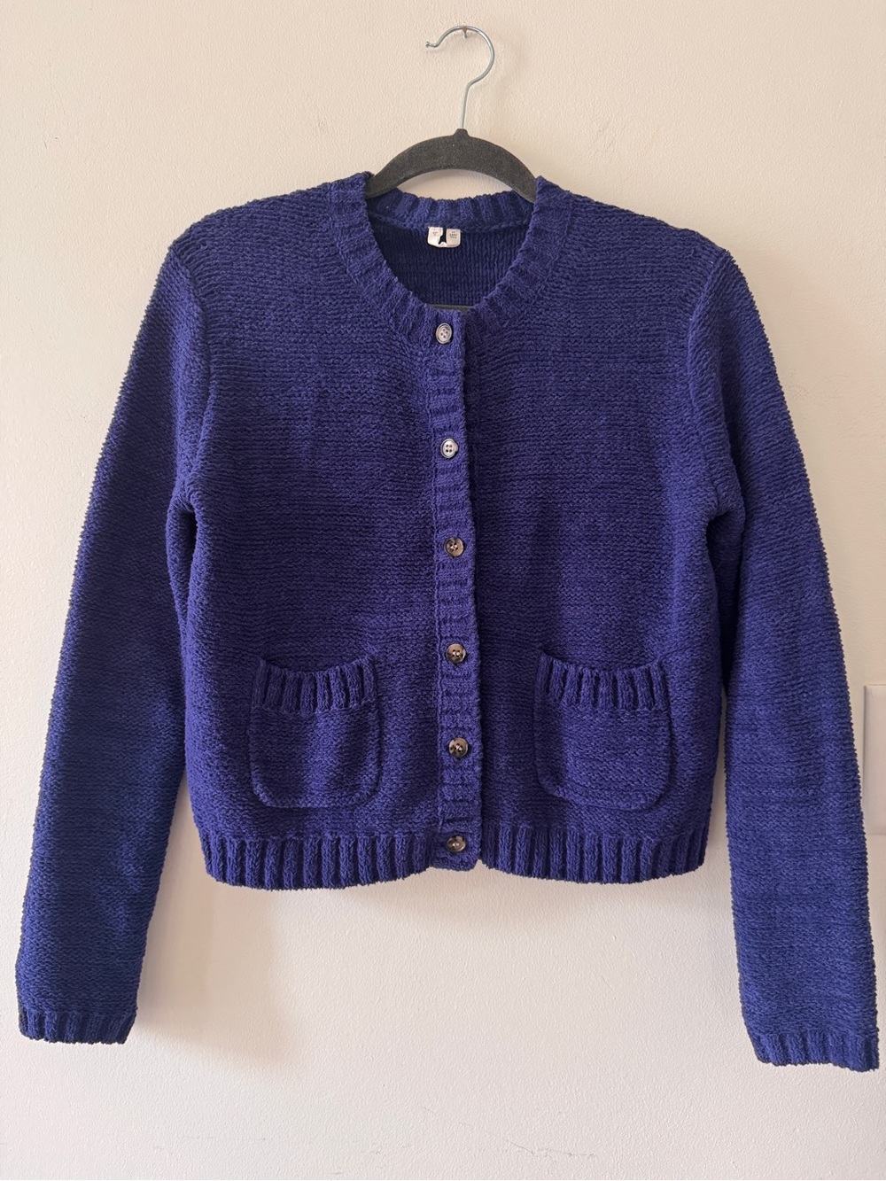 ARKET cotton rich crew neck cardigan in navy - Picture 3 of 8